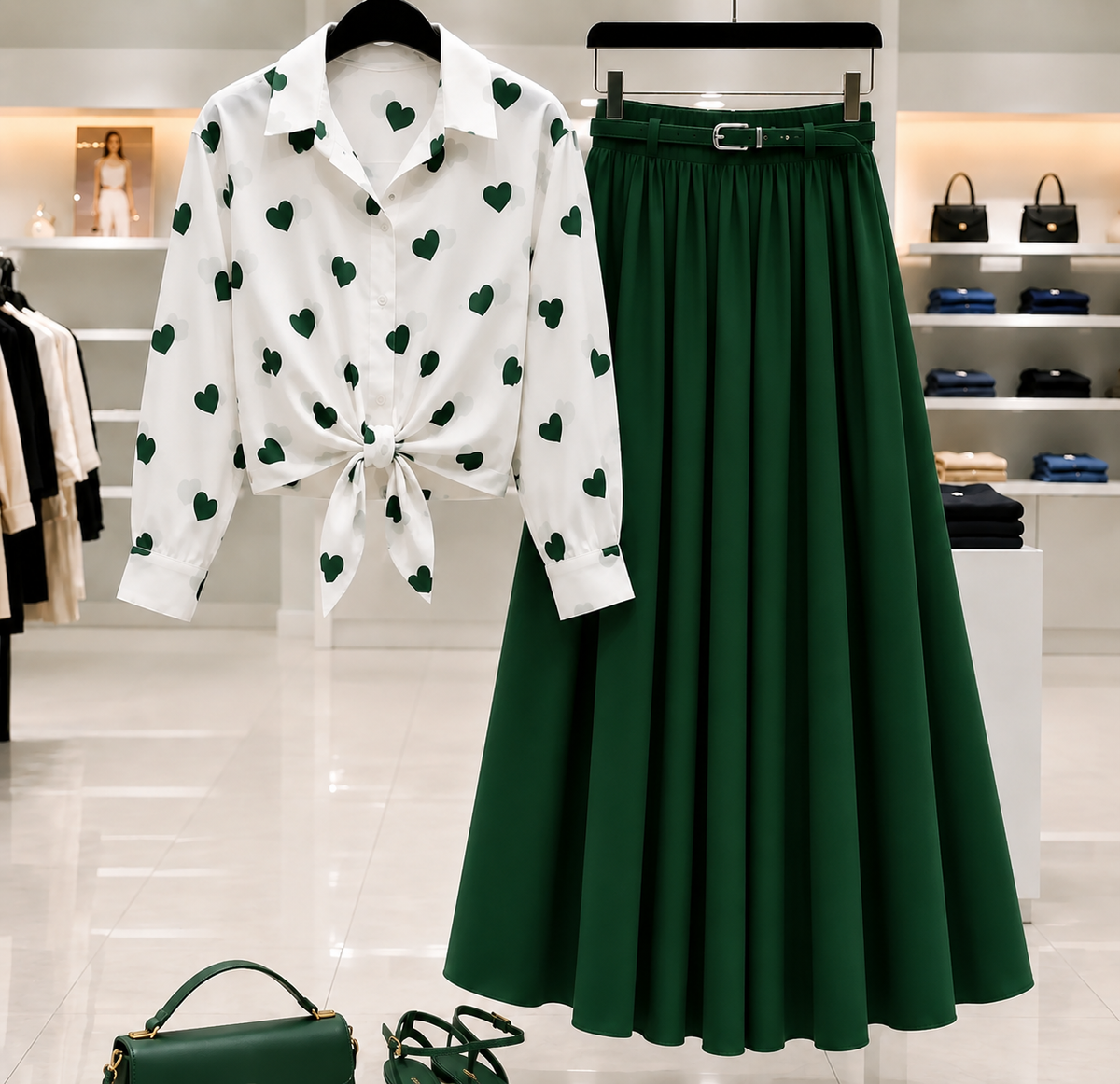 Trendy Heart Print Girls Co-Ord Set – Korean Style Button-Up Top & Flared Maxi Skirt