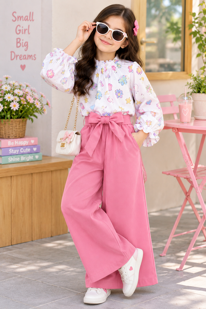 Girls Summer Printed Top & Bow Waist Wide-Leg Pants Set