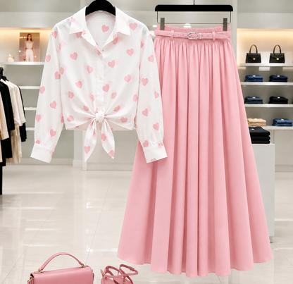 Trendy Heart Print Girls Co-Ord Set – Korean Style Button-Up Top & Flared Maxi Skirt