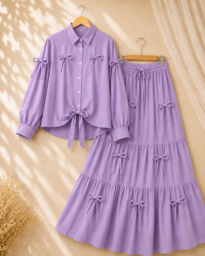 Trendy Girls Bow Detail 2-Piece Dress Set – Elegant Tiered Skirt Outfit