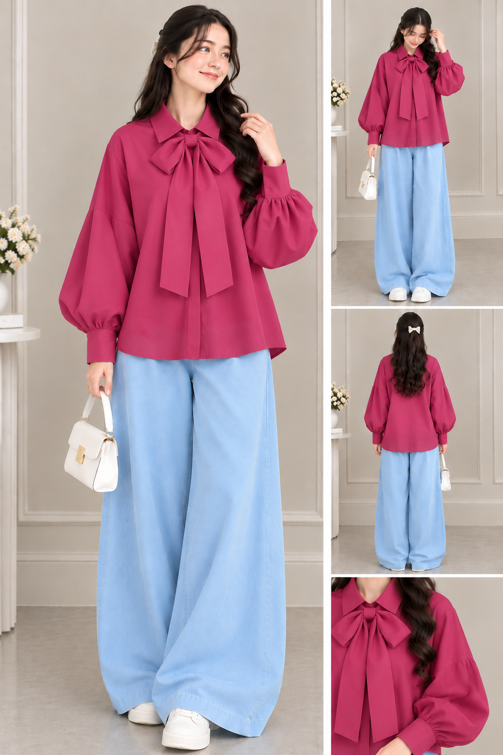 Girls Bow Detail Balloon Sleeve Blouse & Wide-Leg Pants Set