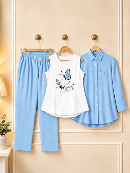 Girls Custom Name 3 Piece Dress Set – Personalized Shirt & Trouser Outfit