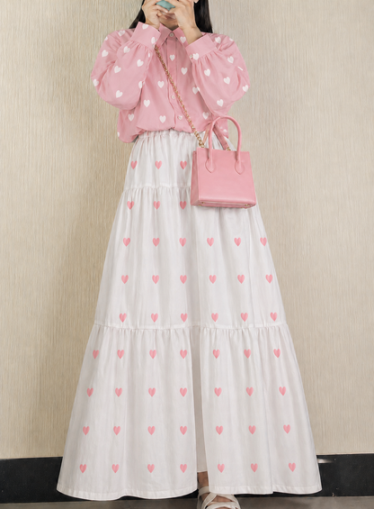Korean Style Heart Print Co-Ord Set – Pink Shirt & White Maxi Skirt Summer Wear