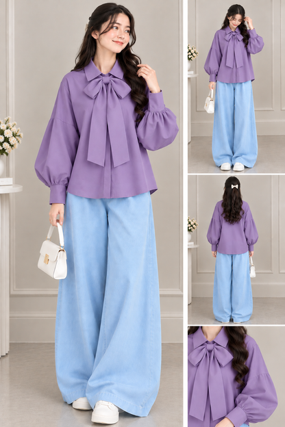 Girls Bow Detail Balloon Sleeve Blouse & Wide-Leg Pants Set